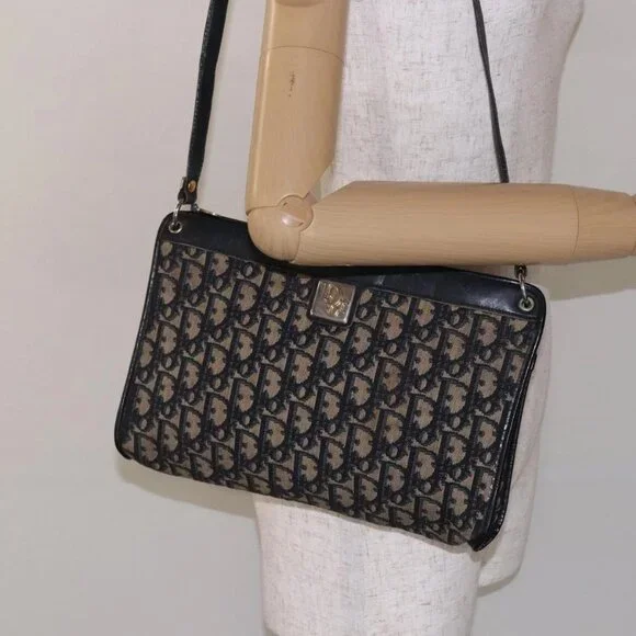 Christian Dior Trotter Canvas Shoulder Bag Navy Gold Auth 141525 - Picture 3 of 16